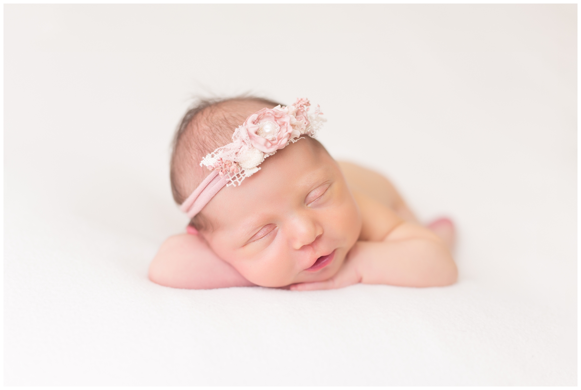 baby girl, white background, bear hat, rose headband